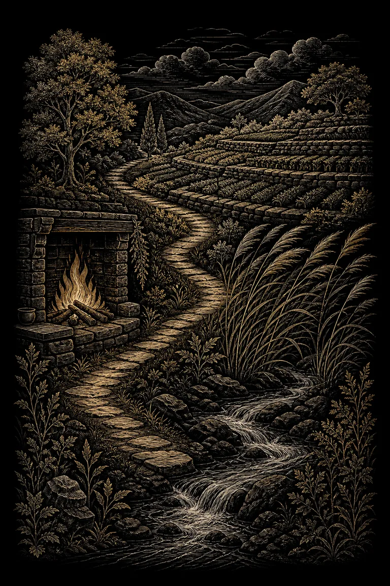A hand-drawn landscape connecting hearth fire, terraced earth, windblown grass, and flowing water
