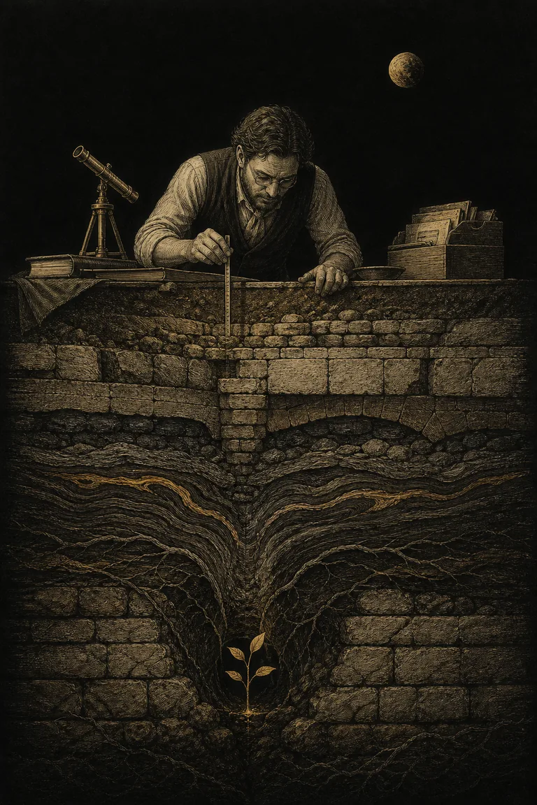 An engraved researcher measuring layered foundations above deep roots and a single new plant