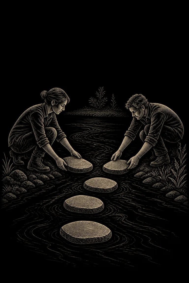 Two engraved collaborators reposition five stepping stones across a changing stream