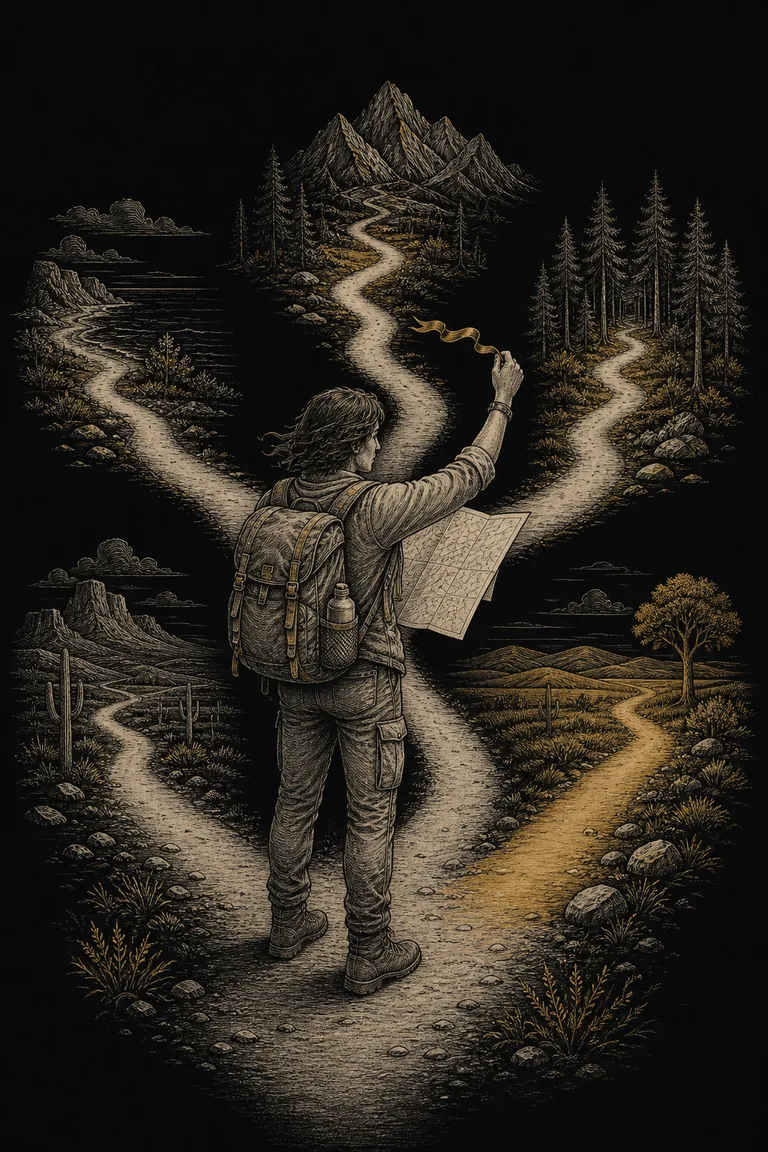 An engraved traveler studying a map before choosing among several open trails