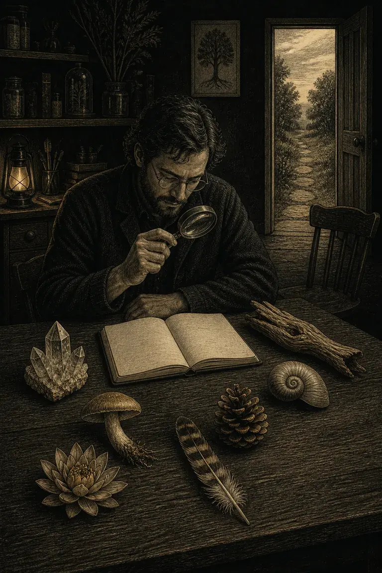 An engraved researcher examining seven natural specimens beside a blank notebook and open doorway