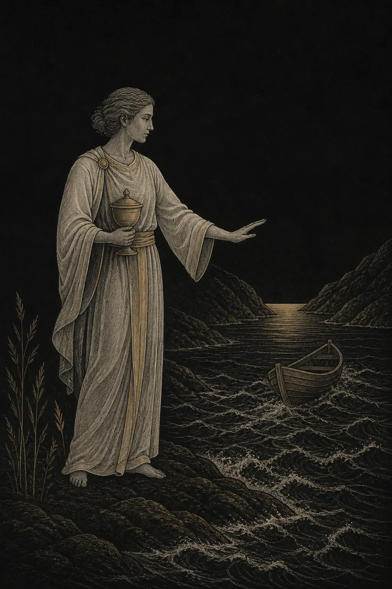 An engraved calm steward holds a covered cup beside rough water while guiding a small boat toward a safe inlet