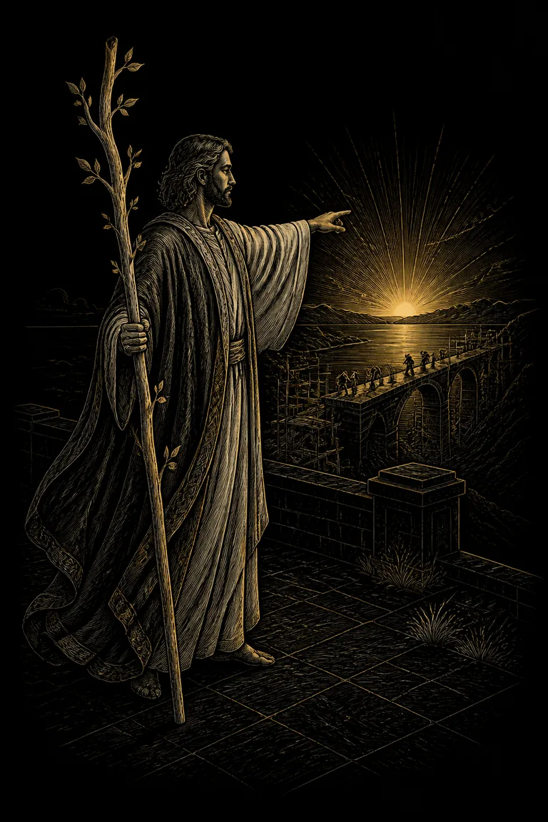 An engraved visionary holds a living staff above a half-built bridge and points toward sunrise