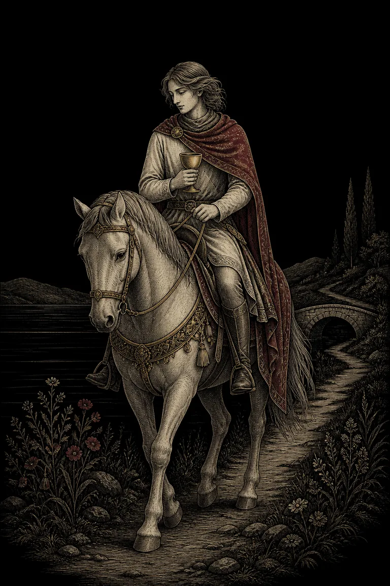 An engraved rider on a calm horse carries one cup toward a stone bridge