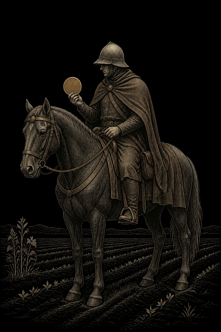 An engraved mounted traveler pauses beside a cultivated field while holding one plain coin