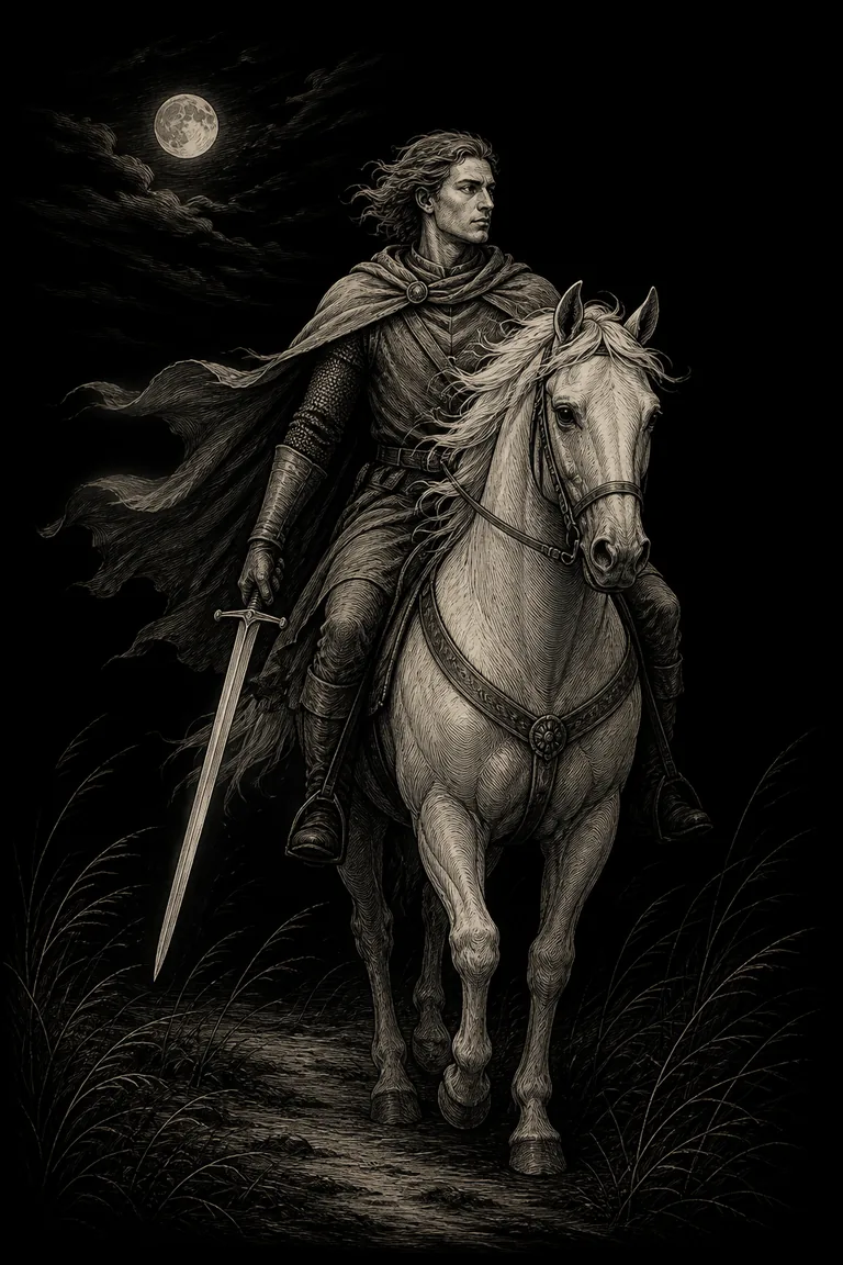 An engraved mounted messenger moves into a strong wind with one lowered sword
