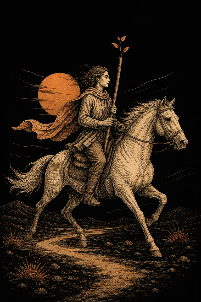 An engraved traveler guides a horse forward while carrying one sprouting wooden wand