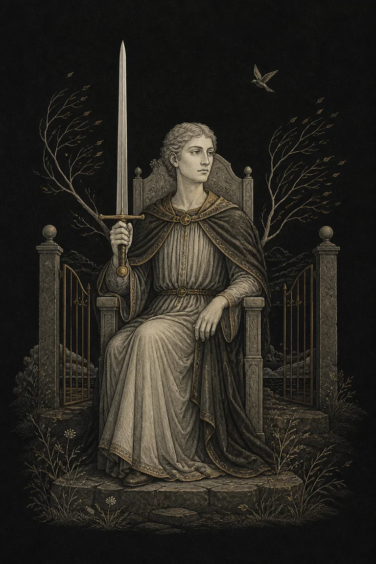 An engraved seated figure holds one upright sword between two open gates and wind-bent branches