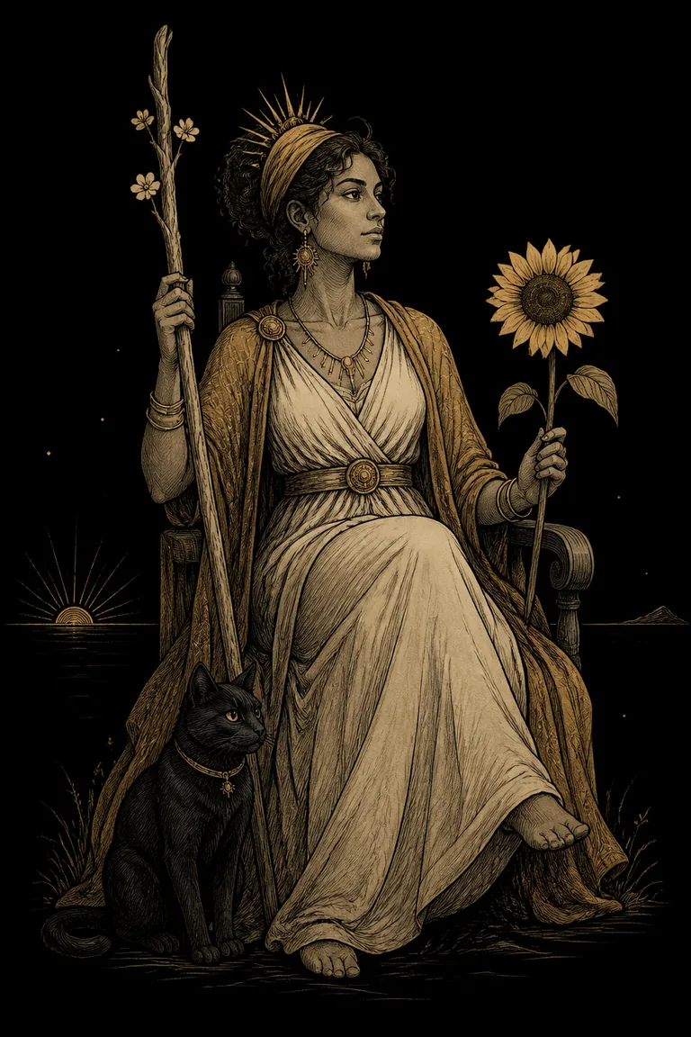 An engraved seated leader holds a sunflower and flowering staff beside a small black cat