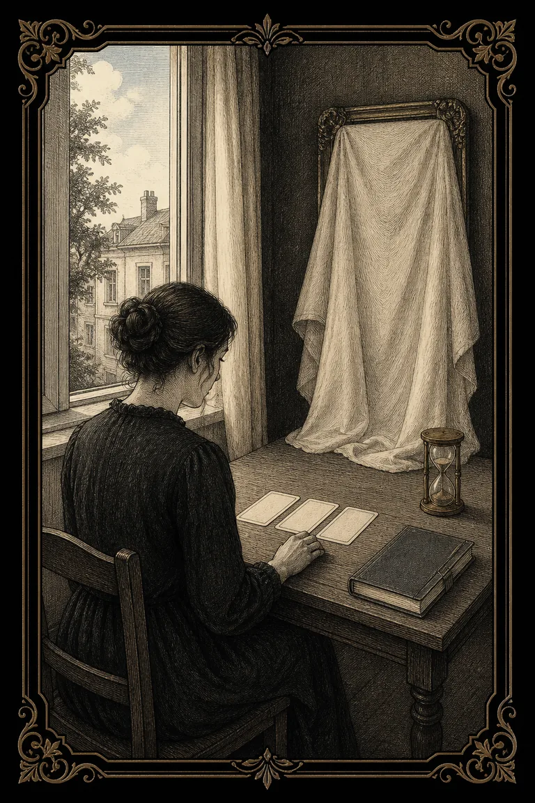 A hand-drawn Tarot reader at a quiet table with a covered mirror and daylight window