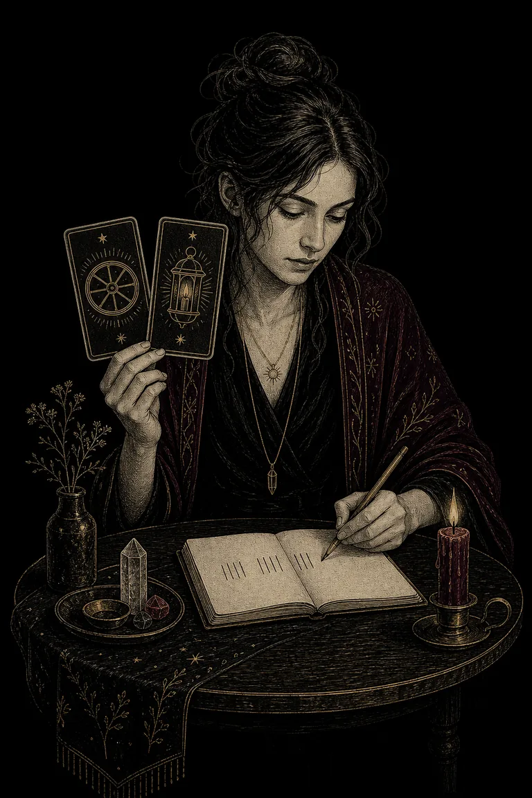 Ein gravierter Tarot-Leser vergleicht genau zwei Karten mit Rad- und Laternenmotiven neben einem Notizbuch