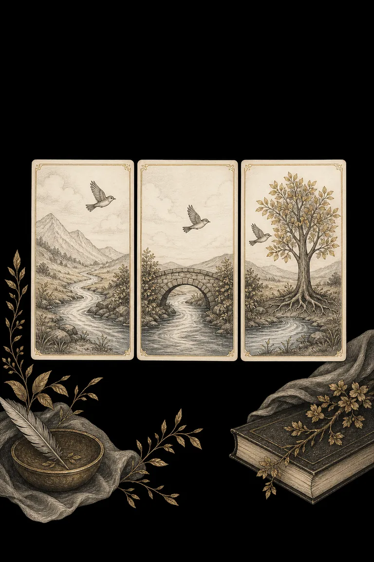 Three hand-drawn Tarot cards connected by a river, bridge, tree, and bird