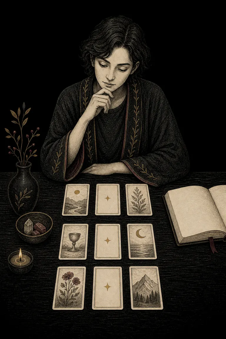 A Tarot reader comparing layouts with the same recurring card